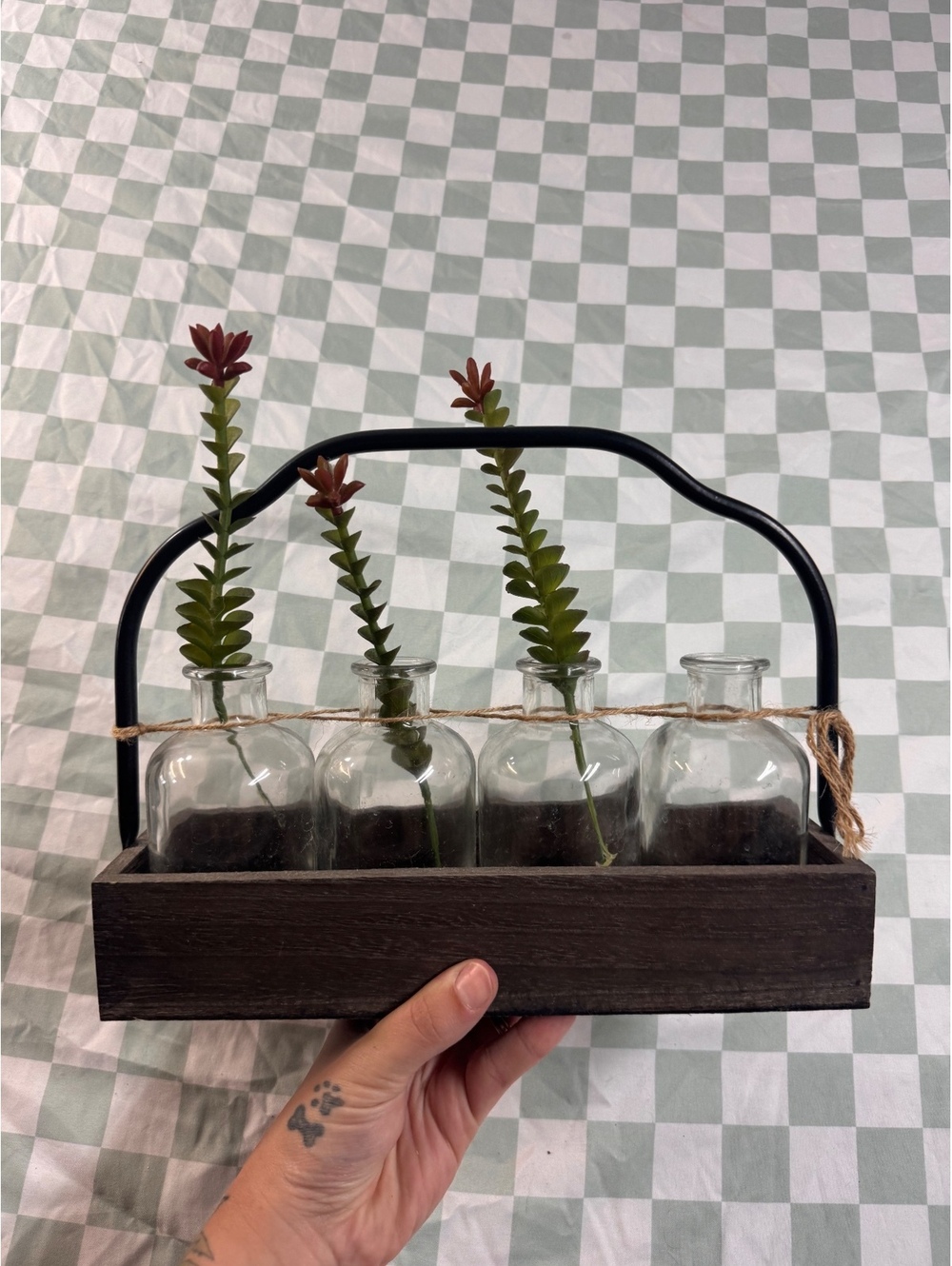 Rustic Wooden Caddy with Four Glass Bottles and Metal Handle